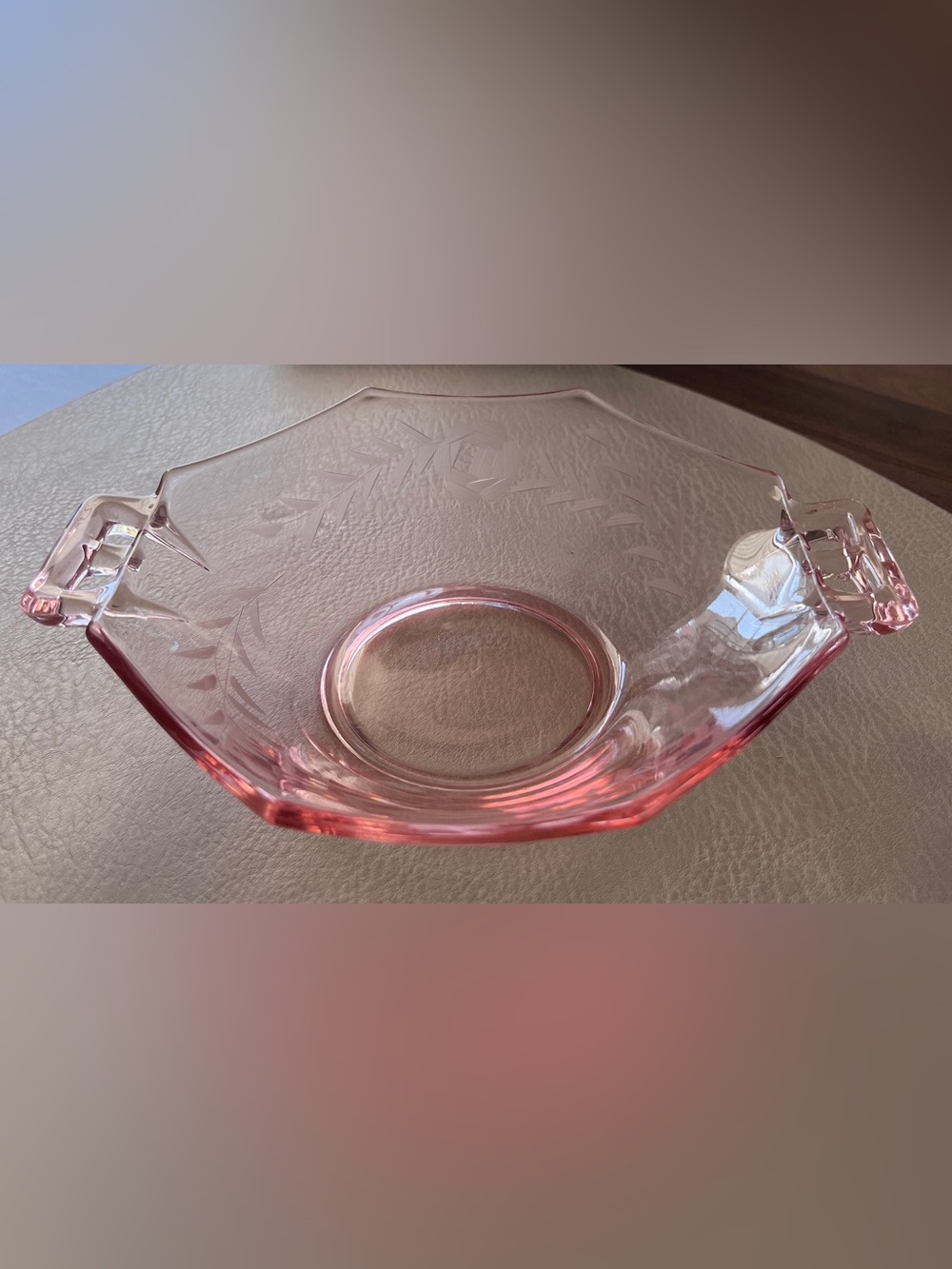 Vintage Pink Depression Glass Etched Rose Octagon Bowl with Handles